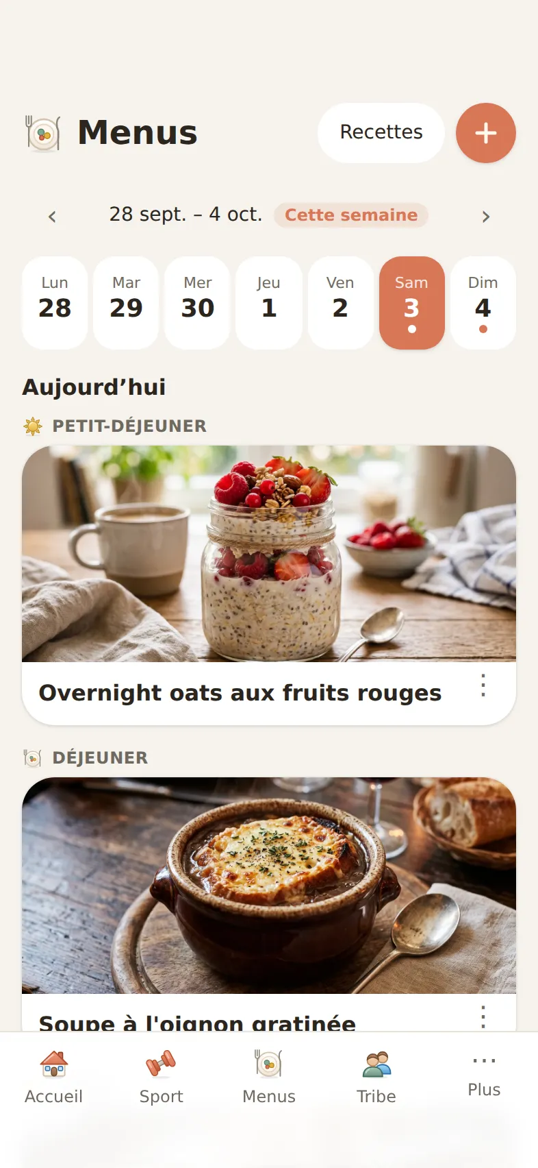 Menus de la semaine dans Novio : les repas du jour en cartes avec leur photo