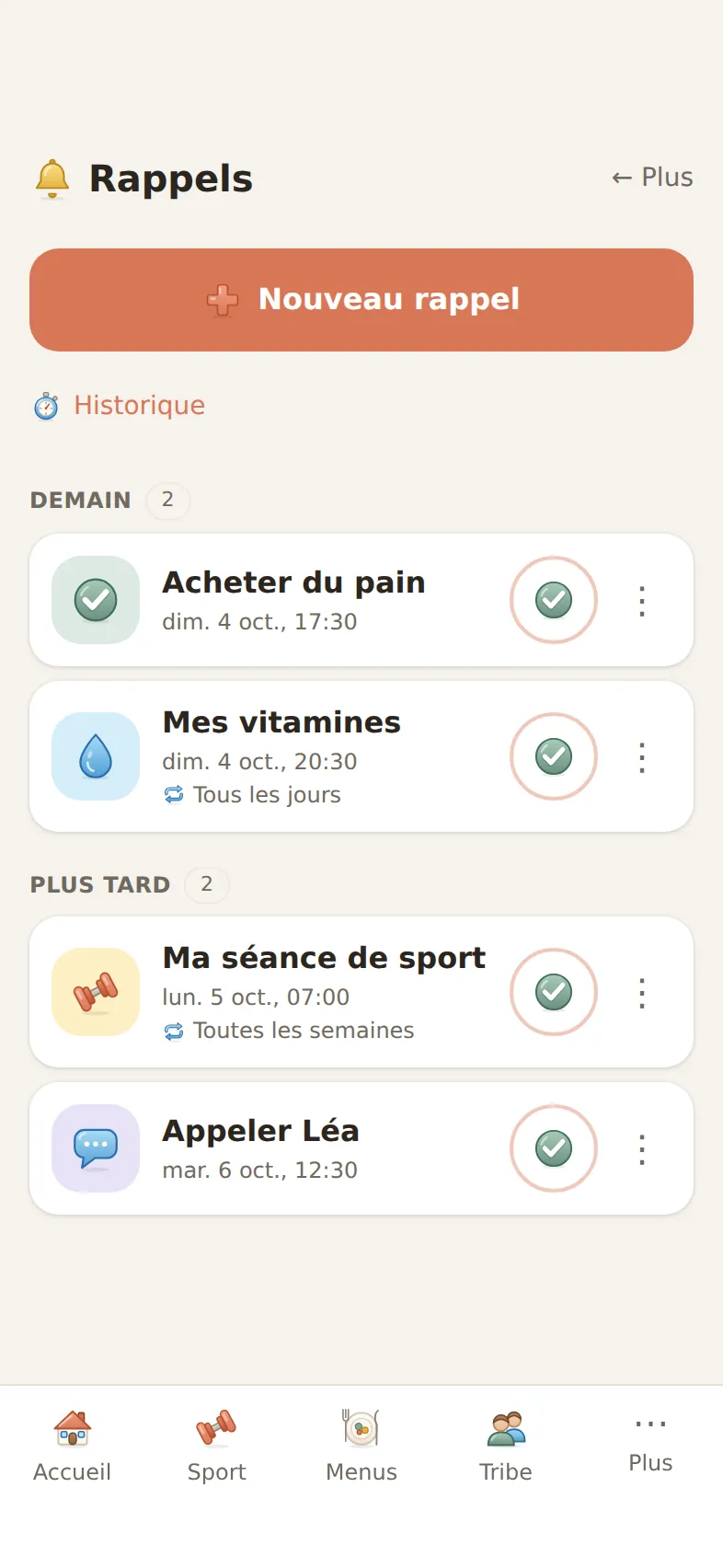 Rappels dans Novio : une liste rangée par jour avec un bouton Fait