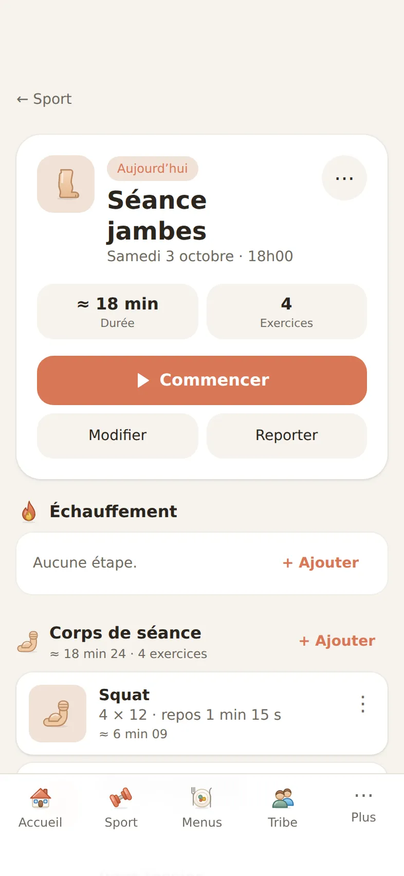 Détail de la séance du jour dans Novio : échauffement, exercices et retour au calme